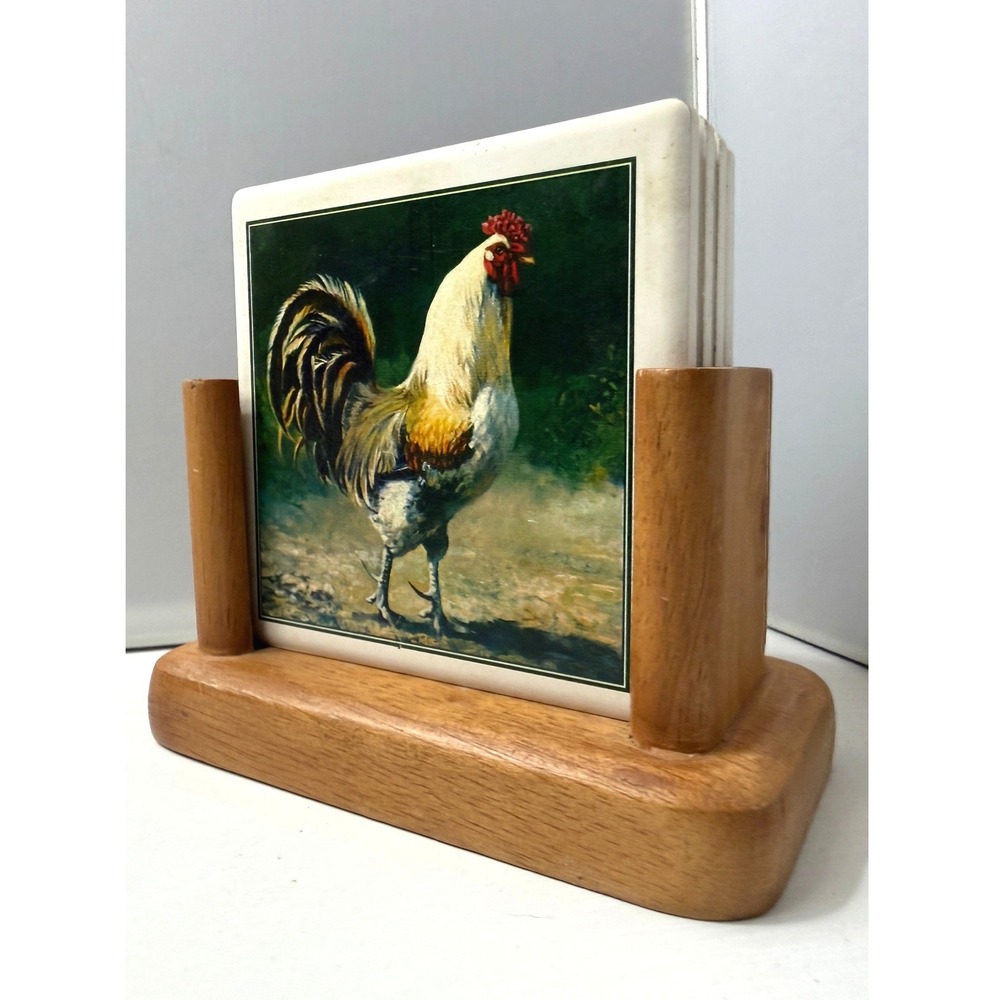 Rooster Ceramic Coasters Set of 4 Wood Holder Cork Back Farmhouse Decor